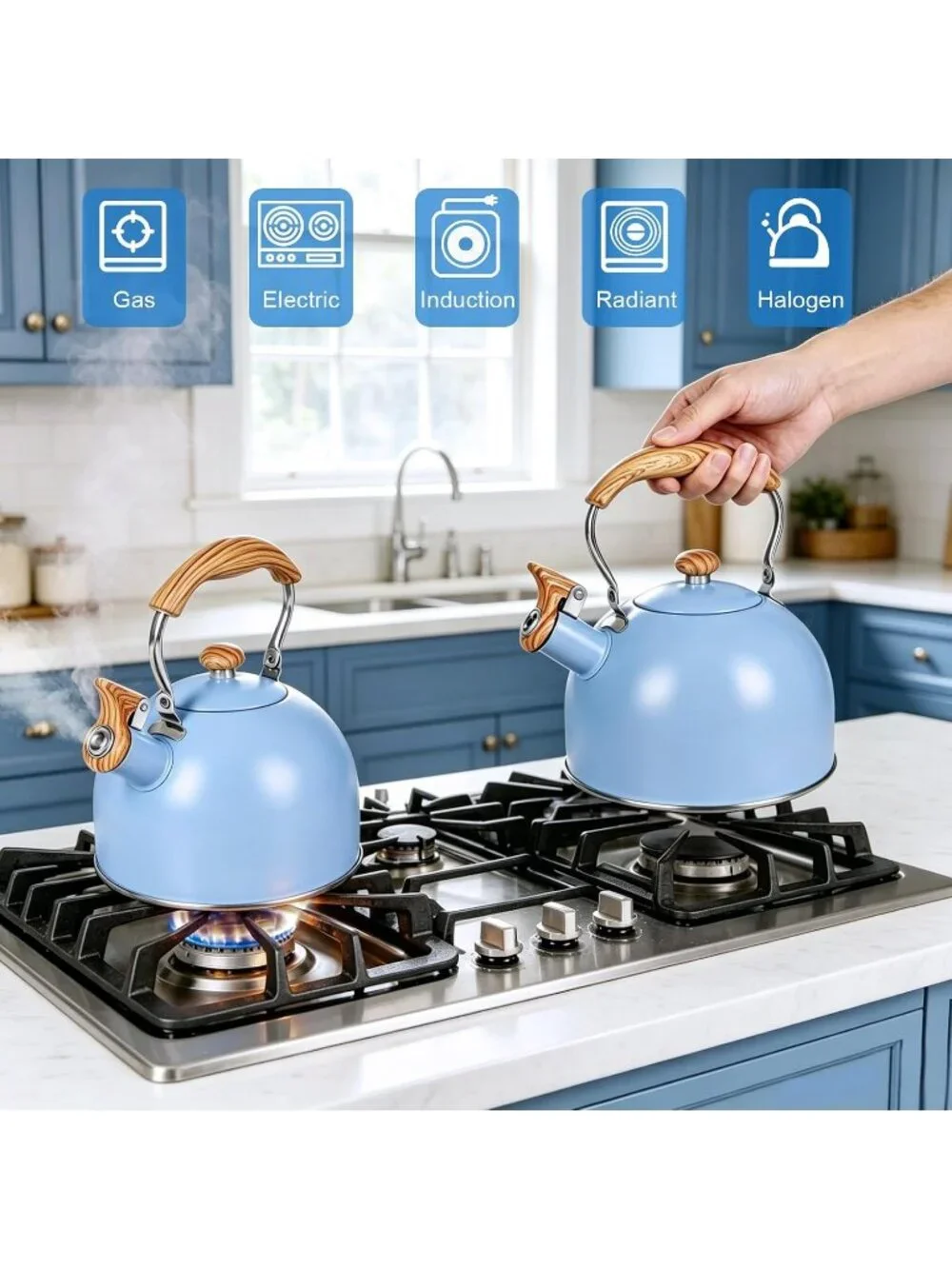 GGC Blue Stainless Steel Kettles 2.6QT Whistling Stove Top Folding Wood Handle